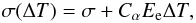 Mathematical equation: \begin{equation} \label{stress1} \sigma(\Delta T)=\sigma + C_{\alpha} E_{\rm e} \Delta T, \end{equation}