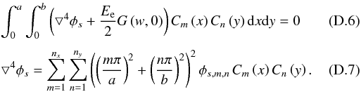 Mathematical equation: \appendix \setcounter{section}{4} \begin{eqnarray} \label{nlm3a} &&\int_0^a \int_0^b {\left(\bigtriangledown^4 \phi_s + \frac{E_{\rm e}} {2} G\left( w,0 \right)\right) C_m\left(x\right) C_n\left(y\right) {\rm d}x{\rm d}y} =0 \\[1mm] &&\bigtriangledown^4 \phi_s = \sum_{m=1}^{n_x} \sum_{n=1}^{n_y} \left( \left( \frac{m \pi}{a}\right)^2 + \left( \frac{n \pi}{b}\right)^2\right)^2 \phi_{s,m,n} \, C_m\left(x\right) C_n\left(y\right) . \end{eqnarray}