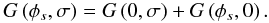 Mathematical equation: \appendix \setcounter{section}{4} \begin{equation} \label{nlm4} G\left( \phi_s,\sigma \right) = G\left(0,\sigma\right)+G\left( \phi_s,0\right) . \end{equation}