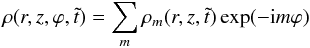 Mathematical equation: \begin{equation} \rho(r,z,\varphi,\tilde t)=\sum_m \rho_m(r,z,\tilde t)\exp(-{\rm i}m\varphi) \end{equation}