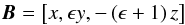 Mathematical equation: \begin{eqnarray} \vec{B}=\left[x,\epsilon y, - \left(\epsilon+1\right)z\right] \label{eqn:3D_null_point} \end{eqnarray}