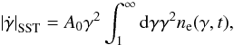 Mathematical equation: \begin{equation} \left|\dot{\gamma}\right|_{\rm SST}= A_0 \gamma^2 \int_1^{\infty}{\rm d}\gamma \gamma^2 n_{\rm e}(\gamma,t), \end{equation}