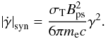 Mathematical equation: \begin{equation} \left|\dot{\gamma}\right|_{\rm syn} = \frac{\sigma_{\rm T} B_{\rm ps}^2}{6\pi m_{\rm e}c}\gamma^2. \end{equation}