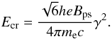 Mathematical equation: \begin{equation*} E_{\rm cr} = \frac{\sqrt{6}he B_{\rm ps}}{4\pi m_{\rm e} c}\gamma^2. \end{equation*}