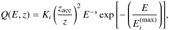 Mathematical equation: \begin{equation} Q(E,z) = K_i\left(\frac{z_{\rm acc}}{z}\right)^2{E}^{-s}\exp{\left[-\left(\frac{E}{{E}^{\left({\rm max}\right)}_{i}}\right)\right]}, \end{equation}