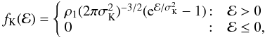 Mathematical equation: \begin{equation} \label{eq:setup__king__distribution_function} f_{\rm K} ( \mathcal{E}) = \left\{ \begin{array}{l@{\,:\quad}l} \rho_{1}(2\pi \sigma_{\rm K}^{2})^{-3/2} ({\rm e}^{\mathcal{E}/\sigma_{\rm K}^{2} } - 1 ) & \mathcal{E} > 0 \\ 0 & \mathcal{E} \leq 0, \end{array}\right. \end{equation}