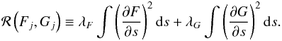 Mathematical equation: \begin{eqnarray} {\cal R}\left(F_j,G_j\right) \equiv \lambda_{F} \int \left(\frac{\partial F}{\partial s} \right)^{2}{\rm d}s + \lambda_{G} \int \left(\frac{\partial G}{\partial s} \right)^{2}{\rm d}s. \end{eqnarray}