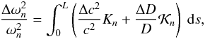 Mathematical equation: \begin{eqnarray} \label{integ} \frac{\Delta\omega_{n}^{2}}{\omega_{n}^{2}} = \int_0^L \left(\frac{\Delta c^{2}}{c^{2}} {{K}}_{n} + \frac{\Delta D}{D} {{\cal{K}}}_{n} \right) \ {\rm d}s, \end{eqnarray}