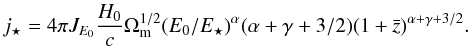 Mathematical equation: \begin{equation} j_\star=4\pi J_{E_0}\frac{H_0}{c}\Omega_{\rm m}^{1/2}(E_0/E_\star)^{\alpha} (\alpha+\gamma+3/2) (1+{\bar z})^{\alpha+\gamma+3/2}. \end{equation}