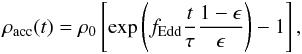 Mathematical equation: \begin{equation} \rho_{\rm acc}(t)=\rho_0 \left[\exp \left(f_{\rm Edd}\frac{t}{\tau} \frac{1-\epsilon}{\epsilon} \right)-1 \right], \end{equation}