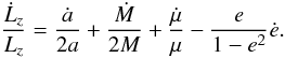 Mathematical equation: \begin{equation} \frac{\dot{L}_z}{L_z}=\frac{\dot{a}}{2a}+\frac{\dot{M}}{2M}+\frac{\dot{\mu}}{\mu}-\frac{e}{1-e^2}\dot{e}. \label{eqlzdec} \end{equation}