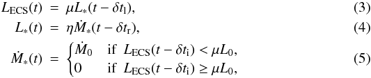 Mathematical equation: \begin{eqnarray} L_{\rm ECS}(t) &=& \mu L_\ast(t - \delta t_{\rm l}), \label{model-ECS}\\ L_\ast(t) &=& \eta {\dot M}_\ast(t - \delta t_{\rm r}), \label{model-surface} \\ {\dot M}_\ast(t) &=& \begin{cases}{\dot M}_0 &\text{if}\ \ L_{\rm ECS}(t - \delta t_{\rm i}) <\mu L_0,\\ 0 & \text{if}~ ~ L_{\rm ECS}(t - \delta t_{\rm i}) \ge \mu L_0 , \end{cases} \label{model-accretion} \end{eqnarray}