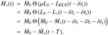 Mathematical equation: \begin{eqnarray} \dot{M}_\ast(t) &=&{\dot M}_0\, \Theta\left(\mu L_0 - L_{\rm ECS}(t - \delta t_{\rm i})\right) \nonumber\\ &=&{\dot M}_0\, \Theta\left( L_0 - L_\ast(t - \delta t_{\rm i} - \delta t_{\rm l})\right) \nonumber\\ &=&{\dot M}_0\, \Theta\left({\dot M}_0 -\dot{M}_\ast(t-\delta t_{\rm i} -\delta t_{\rm l} -\delta t_{\rm r}) \right)\nonumber\\ &=&{\dot M}_0 - \dot{M}_\ast(t-T), \nonumber \end{eqnarray}