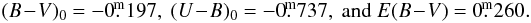 Mathematical equation: \begin{eqnarray*} (B\!-\!V)_0 = -0\fm197,\ (U\!-\!B)_0 = -0\fm737,\ {\rm and}\ E(B\!-\!V) = 0\fm260. \end{eqnarray*}