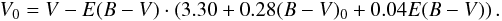 Mathematical equation: \begin{equation} V_0 = V - E(B - V) \cdot \left(3.30 + 0.28(B - V)_0 + 0.04E(B - V)\right). \label{av} \end{equation}