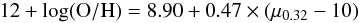 \begin{equation} \label{fmp} 12 + \log({\rm O}/{\rm H}) = 8.90 + 0.47 \times \left(\mu_{0.32} - 10\right) \end{equation}