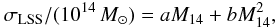 \begin{equation} \sigma_{\mathrm{LSS}}/(10^{14}\,{M}_{\sun}) = a M_{14} + b M_{14}^{2},\label{eq:sigmalss} \end{equation}