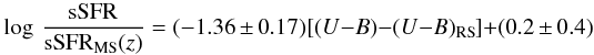 \begin{equation} \log\,\frac{\rm sSFR}{{\rm sSFR}_{\rm MS}(z)}=(-1.36\,\pm\,0.17)[(U-B)-(U-B)_{\rm RS}]+(0.2\,\pm\,0.4) \label{SB_RS_eqn} \end{equation}