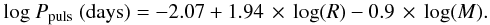 \appendix \setcounter{section}{1} \begin{equation} {\rm log}\ P_{\rm puls}\ ({\rm days}) = -2.07 + 1.94 \,\times\, {\rm log}(R) - 0.9 \,\times\, {\rm log }(M). \label{eq:wind:vas_p} \end{equation}