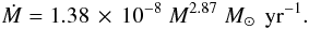 \appendix \setcounter{section}{1} \begin{equation} \dot M = 1.38\,\times\, 10^{-8}\ M^{2.87}\ \Mo\ \peryr. \label{eq:wind:wr} \end{equation}