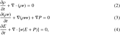 \begin{eqnarray} &&\frac{\partial\rho}{\partial t}+\nabla \cdot(\rho \vec{v}) = 0\\ &&\frac{\partial(\rho \vec{v})}{\partial t}+\nabla (\rho \vec{v}\vec{v})+\nabla P = 0 \\ &&\frac{\partial E }{\partial t}+\nabla \cdot[\vec{v}(E+P)] = 0, \end{eqnarray}