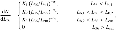 \begin{eqnarray} \frac{{\rm d}N}{{\rm d}L_{36}} = \left\{ \begin{array}{ll} K_1 \left(L_{36}/L_{\rm b,1}\right) ^{-\alpha_1}\!, & \hspace{1.9cm} L_{36}<L_{\rm b,1}\\[1.5mm] K_2 \left(L_{36}/L_{\rm b,2}\right)^{-\alpha_2}\!, & \hspace{1.0cm} L_{\rm b,1}<L_{36}<L_{\rm b,2}\\[1.5mm] K_3 \left(L_{36}/L_{\rm cut}\right)^{-\alpha_3}\!, & \hspace{1.0cm} L_{\rm b,2}<L_{36}<L_{\rm cut}\\[1.5mm] 0 & \hspace{2.0cm} L_{36}>L_{\rm cut}\\ \end{array} \!, \right. \label{eq:uxlf} \end{eqnarray}