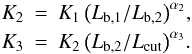 \begin{eqnarray*} K_2 &=& K_1 \left(L_{\rm b,1}/L_{\rm b,2}\right)^{\alpha_2}\!, \\ K_3 &=& K_2 \left(L_{\rm b,2}/L_{\rm cut}\right)^{\alpha_3}\!. \end{eqnarray*}