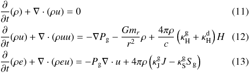 \begin{eqnarray} \label{e_hydro1} &&\frac{\partial}{\partial t}(\rho)+\nabla\cdot(\rho u)=0\\ \label{e_hydro2} &&\frac{\partial}{\partial t}(\rho u)+\nabla\cdot(\rho uu)=-\nabla P_{\mathrm{g}}-\frac{Gm_r}{r^2}\rho+\frac{4\pi\rho}{c}\left(\kappa^{\mathrm{g}}_{\mathrm{H}}+\kappa^{\mathrm{d}}_{\mathrm{H}}\right)H\\ \label{e_hydro3} &&\frac{\partial}{\partial t}(\rho e)+\nabla\cdot(\rho eu)=-P_{\mathrm{g}}\nabla\cdot u+4\pi\rho\left(\kappa^{\mathrm{g}}_{\mathrm{J}}J-\kappa^{\mathrm{g}}_{\mathrm{S}}S_{\mathrm{g}}\right) \end{eqnarray}