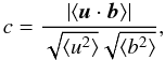Mathematical equation: \begin{equation} c= \frac{|\langle\vec{ u}\cdot \vec{ b}\rangle|}{ \sqrt{\langle u^2 \rangle} \sqrt{\langle b^2 \rangle}}, \label{c} \end{equation}
