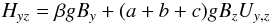 Mathematical equation: \begin{equation} H_{yz}=\beta g B_y + (a+b+c) g B_z U_{y,z} \label{yz} \end{equation}