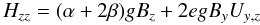 Mathematical equation: \begin{equation} H_{zz}=(\alpha+2 \beta) g B_z + 2 e g B_y U_{y,z} \label{zz} \end{equation}