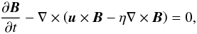 Mathematical equation: \begin{equation} \frac{\partial \vec{B}}{\partial t} - \nabla \times \left(\vec{u}\times\vec{B} - \eta \nabla \times \vec{B} \right) = 0, \end{equation}