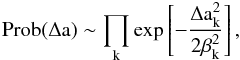 \appendix \setcounter{section}{1} \begin{equation} \rm{Prob}(\Delta{a}) \sim \prod_k\exp\left[-\frac{\Delta a_k^2}{2\beta_k^2}\right], \end{equation}