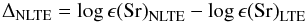 \begin{equation} \drs = \log \epsilon \rm{(Sr)}_{\rm NLTE} - \log \epsilon \rm{(Sr)}_{\rm LTE} \end{equation}
