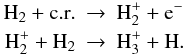 \begin{eqnarray} \centering \label{chem1} {\rm H_{2} + c.r.} &\rightarrow& {\rm H_{2}^{+} + e^{-} } \nonumber \\ {\rm H_{2}^{+} + H_{2} } &\rightarrow& {\rm H_{3}^{+} + H. } \end{eqnarray}