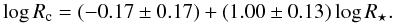 \begin{equation} \log R_{\rm c} = (-0.17\pm0.17) + (1.00\pm0.13)\log R_{\star}. \label{eq:csize} \end{equation}