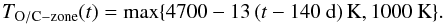 Mathematical equation: \begin{equation} T_{\rm O/C-zone}(t) = \mbox{max}\{4700 - 13 \left(t-140~\mbox{d}\right)\mbox{K}, 1000~\mbox{K}\} . \end{equation}