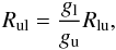 Mathematical equation: \appendix \setcounter{section}{2} \begin{equation} R_{\rm ul} = \frac{g_{\rm l}}{g_{\rm u}}R_{\rm lu} , \label{Eq:einsteinrel} \end{equation}