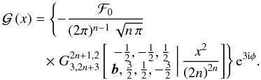 \begin{eqnarray} &&\mathcal{G}\left(x\right)=\left\{ -\frac{\mathcal{F}_{0}}{(2\pi)^{n-1}\,\sqrt{n\,\pi}}\right.\nonumber\\ &&\qquad\quad\times\left.G_{3,2n+3}^{2n+1,2}\left[\begin{array}{c} {-\frac{1}{2},-\frac{1}{2},\frac{1}{2}}\\ {\boldsymbol{b},\frac{3}{2},\frac{1}{2},-\frac{3}{2}} \end{array}\biggr|\,\frac{x^{2}}{\left(2n\right)^{2n}}\right]\right\} {\rm e}^{3{\rm i}\phi}.\label{flexion02-Meijer} \end{eqnarray}