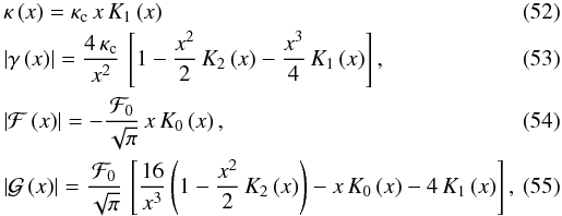 \begin{eqnarray} &&\kappa\left(x\right)=\kappa_{\text{c}}\, x\, K_{1}\left(x\right)\label{kappa-n1} \\ &&\left|\gamma\left(x\right)\right|=\frac{4\,\kappa_{\text{c}}}{x^{2}}\,\left[1-\frac{x^{2}}{2}\, K_{2}\left(x\right)-\frac{x^{3}}{4}\, K_{1}\left(x\right)\right],\label{eq:shear-n1} \\ &&\left|\mathcal{F}\left(x\right)\right|=-\frac{\mathcal{F}_{0}}{\sqrt{\pi}}\, x\, K_{0}\left(x\right),\label{flexion01-n1} \\ \label{eq:flexion02-n1} &&\left|\mathcal{G}\left(x\right)\right|=\frac{\mathcal{F}_{0}}{\sqrt{\pi}}\,\left[\frac{16}{x^{3}}\left(1-\frac{x^{2}}{2}\, K_{2}\left(x\right)\right)-x\, K_{0}\left(x\right)-4\, K_{1}\left(x\right)\right], \end{eqnarray}