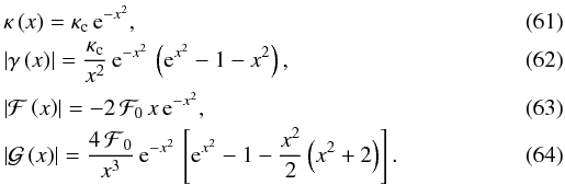 \begin{eqnarray} \label{kappa-n-1/2} &&\kappa\left(x\right)=\kappa_{\text{c}}\,{\text{e}}^{-x^{2}}, \\ \label{eq:shear-n-1/2} &&\left|\gamma\left(x\right)\right|=\frac{\kappa_{\text{c}}}{x^{2}}\,{\text{e}}^{-x^{2}}\,\left({\text{e}}^{x^{2}}-1-x^{2}\right), \\ \label{flexion01-n-1/2} &&\left|\mathcal{F}\left(x\right)\right|=-2\,\mathcal{F}_{0}\, x\,{\text{e}}^{-x^{2}}, \\ \label{flexion02-n-1/2} &&\left|\mathcal{G}\left(x\right)\right|=\frac{4\mathcal{\, F}_{0}}{x^{3}}\,{\text{e}}^{-x^{2}}\,\left[{\text{e}}^{x^{2}}-1-\frac{x^{2}}{2}\left(x^{2}+2\right)\right]. \end{eqnarray}