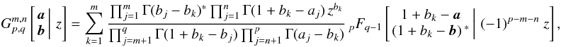 \appendix \setcounter{section}{1} \begin{equation} G_{p,q}^{m,n}\left[\left.\begin{matrix}{\boldsymbol{a}}\\ {\boldsymbol{b}} \end{matrix}\,\right|\, z\right]=\sum_{k=1}^{m}\frac{\prod_{j=1}^{m}\Gamma(b_{j}-b_{k})^{*}\prod_{j=1}^{n}\Gamma(1+b_{k}-a_{j})\, z^{b_{k}}}{\prod_{j=m+1}^{q}\Gamma(1+b_{k}-b_{j})\prod_{j=n+1}^{p}\Gamma(a_{j}-b_{k})}\,{}_{p}F_{q-1}\left[\left.\begin{matrix}{1+b_{k}-\boldsymbol{a}}\\ {\left(1+b_{k}-\boldsymbol{b}\right){}^{*}} \end{matrix}\,\right|\, (-1)^{p-m-n} \; z\right],\label{eq:slater-theorem} \end{equation}