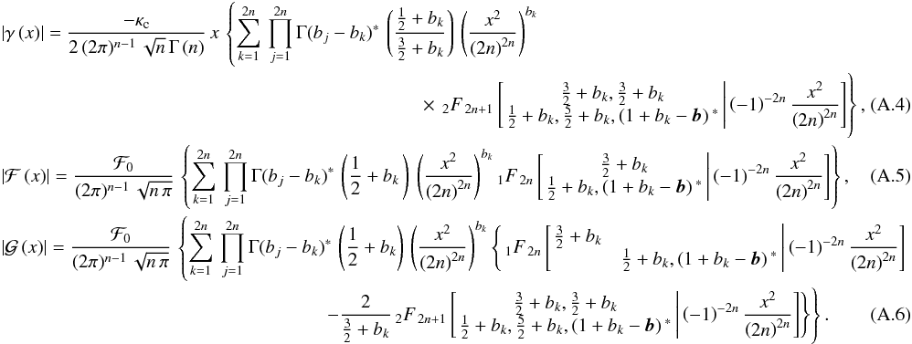 \appendix \setcounter{section}{1} \begin{eqnarray} &&\left|\gamma\left(x\right)\right|=\frac{-\kappa_{\text{c}}}{2\,(2\pi)^{n-1}\,\sqrt{n}\,\Gamma\left(n\right)}\, x\,\left\{\sum_{k=1}^{2n}\,\prod_{j=1}^{2n}\Gamma(b_{j}-b_{k})^{*}\,\left(\frac{\frac{1}{2}+b_{k}}{\frac{3}{2}+b_{k}}\right)\,\left(\frac{x^{2}}{\left(2n\right)^{2n}}\right)^{b_{k}}\right.\notag \\ &&\hspace{5.5cm}\left.\phantom{sum_{k=1}^{2n}\,\prod_{j=1}^{2n}\Gamma(b_{j}-b_{k})^{*}}\times\,_{2}F_{\,2n+1}\left[\left.\begin{matrix}{\frac{3}{2}+b_{k},\frac{3}{2}+b_{k}}\\ {\frac{1}{2}+b_{k},\frac{5}{2}+b_{k},\left(1+b_{k}-\boldsymbol{b}\right){}^{*}} \end{matrix}\,\right|\left(-1\right)^{-2n}\frac{x^{2}}{\left(2n\right)^{2n}}\right]\right\},\label{eq:shear-hyperg} \\ &&\left|\mathcal{F}\left(x\right)\right|=\frac{\mathcal{F}_{0}}{(2\pi)^{n-1}\,\sqrt{n\,\pi}}\,\left\{ \sum_{k=1}^{2n}\,\prod_{j=1}^{2n}\Gamma(b_{j}-b_{k})^{*}\,\left(\frac{1}{2}+b_{k}\,\right)\,\left(\frac{x^{2}}{\left(2n\right)^{2n}}\right)^{b_{k}}{}_{1}F_{\,2n}\left[\left.\begin{matrix}{\frac{3}{2}+b_{k}}\\ {\frac{1}{2}+b_{k},\left(1+b_{k}-\boldsymbol{b}\right){}^{*}} \end{matrix}\,\right|\left(-1\right)^{-2n}\frac{x^{2}}{\left(2n\right)^{2n}}\right]\right\} ,\label{eq:flexion01-hyperg} \\ &&\left|\mathcal{G}\left(x\right)\right|=\frac{\mathcal{F}_{0}}{(2\pi)^{n-1}\,\sqrt{n\,\pi}}\,\left\{ \sum_{k=1}^{2n}\,\prod_{j=1}^{2n}\Gamma(b_{j}-b_{k})^{*}\,\left(\frac{1}{2}+b_{k}\right)\,\left(\frac{x^{2}}{\left(2n\right)^{2n}}\right)^{b_{k}}\Biggl\{\,{}_{1}F_{\,2n}\left[\left.\begin{matrix}{\frac{3}{2}+b_{k}} \notag \\ &&{\frac{1}{2}+b_{k},\left(1+b_{k}-\boldsymbol{b}\right){}^{*}} \end{matrix}\,\right|\left(-1\right)^{-2n}\frac{x^{2}}{\left(2n\right)^{2n}}\right]\right.\\ &&\hspace{8cm}\left.-\frac{2}{\frac{3}{2}+b_{k}}\,{}_{2}F_{\,2n+1}\left[\left.\begin{matrix}{\frac{3}{2}+b_{k},\frac{3}{2}+b_{k}}\\ {\frac{1}{2}+b_{k},\frac{5}{2}+b_{k},\left(1+b_{k}-\boldsymbol{b}\right){}^{*}} \end{matrix}\,\right|\left(-1\right)^{-2n}\frac{x^{2}}{\left(2n\right)^{2n}}\right]\Biggr\}\right\} .\label{eq:flexion02-hyperg} \end{eqnarray}