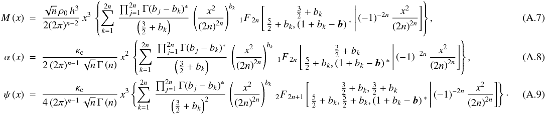 \appendix \setcounter{section}{1} \begin{eqnarray} M\left(x\right)&=&\frac{\sqrt{n}\,\rho_{0}\, h^{3}}{2(2\pi)^{n-2}}\, x^{3}\,\left\{ \sum_{k=1}^{2n}\,\frac{\prod_{j=1}^{2n}\Gamma(b_{j}-b_{k})^{*}}{\left(\frac{3}{2}+b_{k}\right)}\,\left(\frac{x^{2}}{\left(2n\right)^{2n}}\right)^{b_{k}}\,_{1}F_{\,2n}\left[\left.\begin{matrix}{\frac{3}{2}+b_{k}}\\ {\frac{5}{2}+b_{k},\left(1+b_{k}-\boldsymbol{b}\right){}^{*}} \end{matrix}\,\right|\left(-1\right)^{-2n}\frac{x^{2}}{\left(2n\right)^{2n}}\right]\right\} , \\ \alpha\left(x\right)&=&\frac{\kappa_{\text{c}}}{2\,(2\pi)^{n-1}\,\sqrt{n}\,\Gamma\left(n\right)}\, x^{2}\,\left\{ \sum_{k=1}^{2n}\,\frac{\prod_{j=1}^{2n}\Gamma(b_{j}-b_{k})^{*}}{\left(\frac{3}{2}+b_{k}\right)}\,\left(\frac{x^{2}}{\left(2n\right)^{2n}}\right)^{b_{k}}\,{}_{1}F_{\,2n}\left[\left.\begin{matrix}{\frac{3}{2}+b_{k}}\\ {\frac{5}{2}+b_{k},\left(1+b_{k}-\boldsymbol{b}\right){}^{*}} \end{matrix}\,\right|\left(-1\right)^{-2n}\frac{x^{2}}{\left(2n\right)^{2n}}\right]\right\} , \\ \psi\left(x\right)&=&\frac{\kappa_{\text{c}}}{4\,(2\pi)^{n-1}\,\sqrt{n}\,\Gamma\left(n\right)}\, x^{3}\,\Biggl\{\sum_{k=1}^{2n}\,\frac{\prod_{j=1}^{2n}\Gamma(b_{j}-b_{k})^{*}}{\left(\frac{3}{2}+b_{k}\right)^{2}}\,\left(\frac{x^{2}}{\left(2n\right)^{2n}}\right)^{b_{k}}\,_{2}F_{\,2n+1}\left[\left.\begin{matrix}{\frac{3}{2}+b_{k},\frac{3}{2}+b_{k}}\\ {\frac{5}{2}+b_{k},\frac{5}{2}+b_{k},\left(1+b_{k}-\boldsymbol{b}\right){}^{*}} \end{matrix}\,\right|\left(-1\right)^{-2n}\frac{x^{2}}{\left(2n\right)^{2n}}\right]\Biggr\}\cdot~~~~~~~~~~~~~\label{eq:deflection-hyperg} \end{eqnarray}