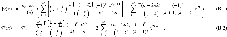 \appendix \setcounter{section}{2} \begin{eqnarray} \left|\gamma(x)\right|&=&\frac{\kappa_{\text{c}}\,\sqrt{\pi}}{\Gamma\left(n\right)}\,\left\{ \,\sum_{k=1}^{\infty}\left[\left(\tfrac{1}{2}+\tfrac{k}{2n}\right)\,\frac{\Gamma\left(-\tfrac{3}{2}-\tfrac{k}{2n}\right)}{\Gamma\left(-\tfrac{k}{2n}\right)}\,\frac{(-1)^{k}}{k!}\,\frac{x^{k/n+1}}{2n}\right]\ -\sum_{k=0}^{\infty}\frac{\Gamma(n-2nk)}{\Gamma\left(\tfrac{1}{2}-k\right)}\,\frac{(-1)^{k}}{\left(k+1\right)\left(k-1\right)!}\, x^{2k}\,\right\} ,\label{eq:shear-gen-series}~~~~~~~~~~~~~~~ \\ \left|\mathcal{F}(x)\right|&=&\mathcal{F}_{0}\,\left[\,-\sum_{k=1}^{\infty}\frac{\Gamma\left(\tfrac{1}{2}-\tfrac{k}{2n}\right)}{\Gamma\left(-\tfrac{k}{2n}\right)}\,\frac{(-1)^{k}}{k!}\,\frac{x^{k/n}}{n}\,+\,2\,\sum_{k=0}^{\infty}\frac{\Gamma(n-2nk)}{\Gamma\left(\tfrac{1}{2}-k\right)}\,\frac{(-1)^{k}}{\left(k-1\right)!}\, x^{2k-1}\,\right],\label{flexion01-gen-series-1} \end{eqnarray}