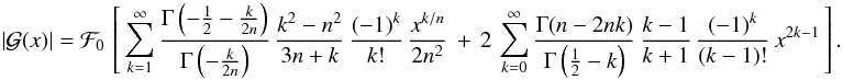 \appendix \setcounter{section}{2} \begin{equation} \left|\mathcal{G}(x)\right|=\mathcal{F}_{0}\,\left[\,\sum_{k=1}^{\infty}\frac{\Gamma\left(-\tfrac{1}{2}-\tfrac{k}{2n}\right)}{\Gamma\left(-\tfrac{k}{2n}\right)}\,\frac{k^{2}-n^{2}}{3n+k}\,\frac{(-1)^{k}}{k!}\,\frac{x^{k/n}}{2n^{2}}\,+\,2\,\sum_{k=0}^{\infty}\frac{\Gamma(n-2nk)}{\Gamma\left(\tfrac{1}{2}-k\right)}\,\frac{k-1}{k+1}\,\frac{(-1)^{k}}{\left(k-1\right)!}\, x^{2k-1}\,\right].\label{flexion02-gen-series} \end{equation}