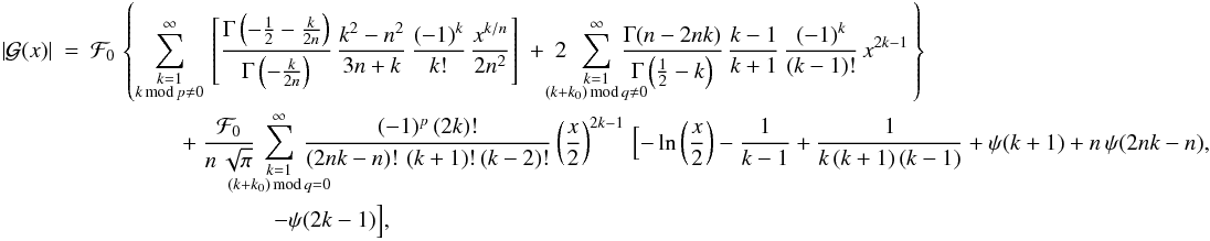\appendix \setcounter{section}{2} \begin{eqnarray} \left|\mathcal{G}(x)\right|&=&\mathcal{F}_{0}\,\left\{ \sum_{\substack{k=1\\ k\,{\text{mod}}\, p\ne0 } }^{\infty}\,\left[\frac{\Gamma\left(-\tfrac{1}{2}-\tfrac{k}{2n}\right)}{\Gamma\left(-\tfrac{k}{2n}\right)}\,\frac{k^{2}-n^{2}}{3n+k}\,\frac{(-1)^{k}}{k!}\,\frac{x^{k/n}}{2n^{2}}\right]\ +\ 2\ \hspace{-3ex}\sum_{\substack{k=1\\ (k+k_{0})\,{\text{mod}}\, q\ne0 } }^{\infty}\hspace{-3ex}\frac{\Gamma(n-2nk)}{\Gamma\left(\tfrac{1}{2}-k\right)}\,\frac{k-1}{k+1}\,\frac{(-1)^{k}}{(k-1)!}\, x^{2k-1}\,\right\} \nonumber\\ &&\qquad \qquad +\ \frac{\mathcal{F}_{0}}{n\,\sqrt{\pi}}\hspace{-3ex}\sum_{\substack{k=1\\ (k+k_{0})\,{\text{mod}}\, q=0 } }^{\infty}\hspace{-3ex}\frac{(-1)^{p}\,(2k)!}{(2nk-n)!\,\left(k+1\right)!\,(k-2)!}\left(\frac{x}{2}\right)^{2k-1}\,\Bigl[-\ln\left(\frac{x}{2}\right)-\frac{1}{k-1}+\frac{1}{k\left(k+1\right)\left(k-1\right)}+\psi(k+1)+n\,\psi(2nk-n), \nonumber\\ &&\qquad \qquad \qquad \qquad -\psi(2k-1)\Bigr],\label{flexion02-rat-series} \end{eqnarray}