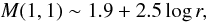\begin{equation} M(1,1) \sim 1.9 + 2.5 \log{ r }, \end{equation}