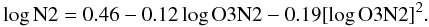 \begin{eqnarray} \log {\rm N2} = 0.46 - 0.12 \log {\rm O3N2} - 0.19 [\log {\rm O3N2}]^2. \end{eqnarray}