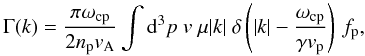 \begin{equation} \Gamma (k) = \frac{\pi \omega_{\rm cp}}{2 n_{\rm p} v_{\rm A}} \int \text{d}^3 p \text{ } v\; \mu |k| \text{ } \delta\left(|k|-\frac{\omega_{\rm cp}}{\gamma v_{\rm p}}\right) \, f_{\rm p}, \label{eq:growthraterami} \end{equation}
